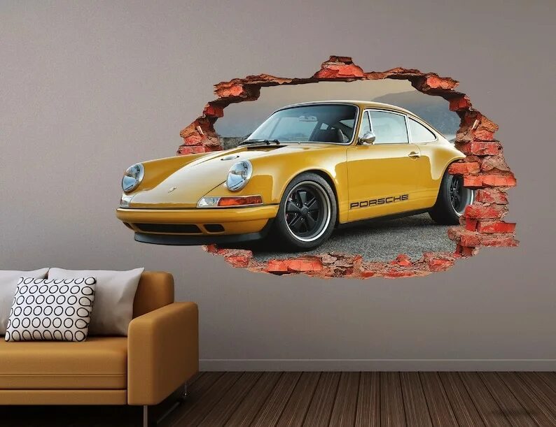 Наклейка на стену машина. Виниловый декор на стены автомобили. Машина в стене. 3d стена авто.