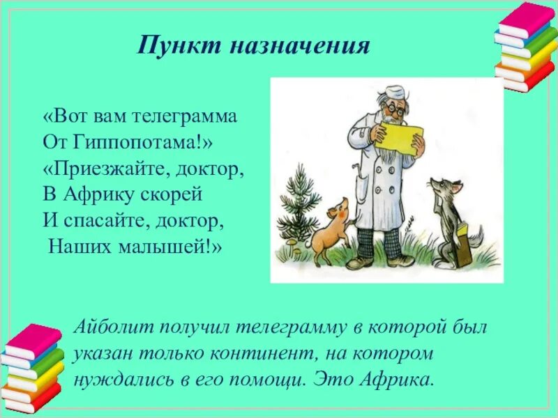 Айболит какая река. Доктор Айболит для презентации. Телеграмма от Айболита. Телеграмма от гиппопотама Айболиту. Доктор Айболит книжка.