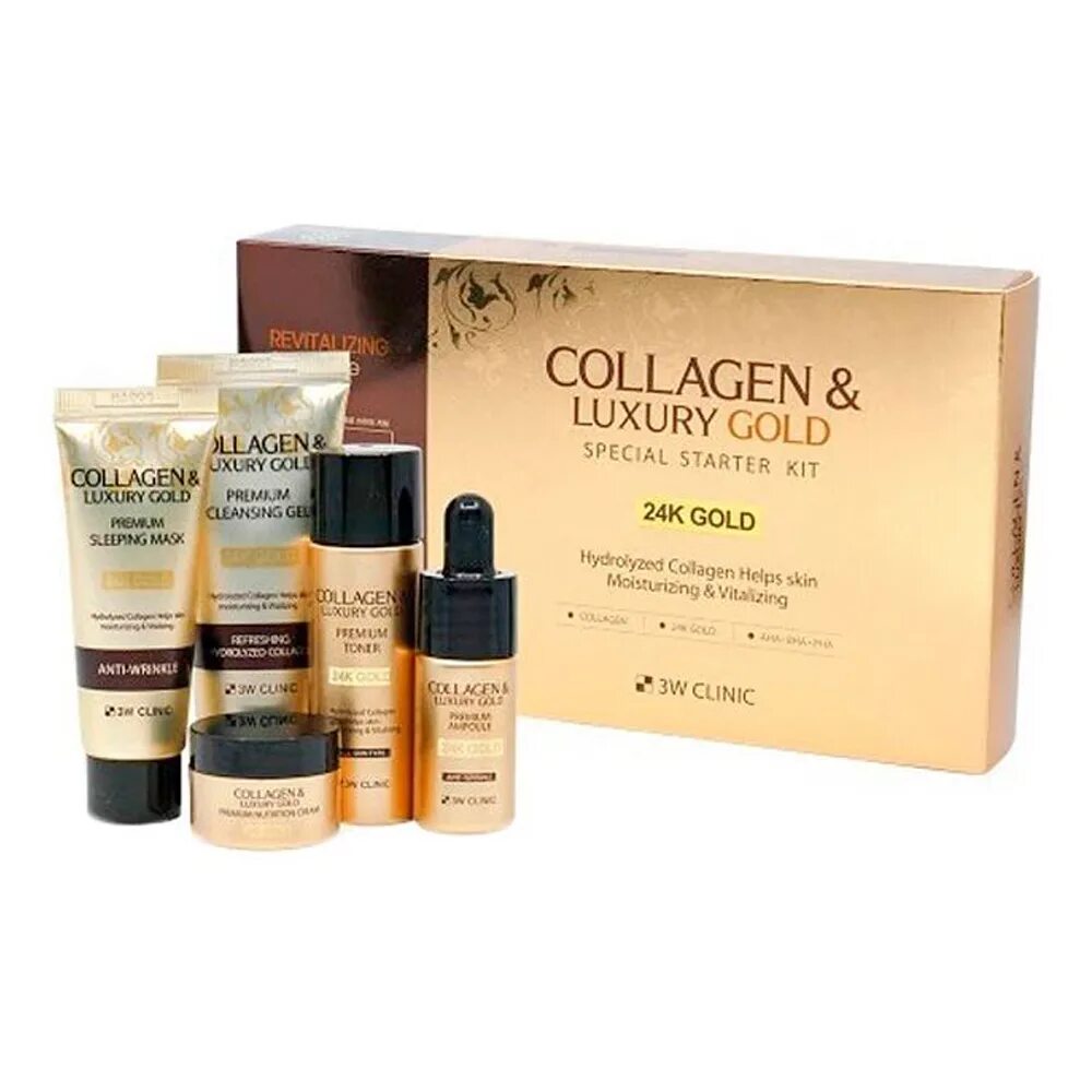 Gold special. Collagen & Luxury Gold Special Starter Kit. Крем 3w Clinic Collagen Luxury Gold Cream. 3w Clinic эссенция с колаг. И золотыми капсулами Collagen&Luxury Gold 150мл. Корейский набор с коллагеном для лица.