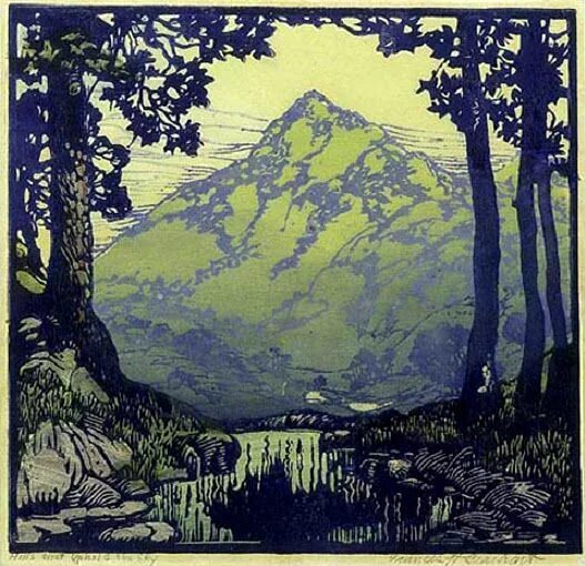 Графика 33. Горный пейзаж woodcut. Paul Oscar Droege. Elizabeth Colborne (1885-1948) Lake Whatcom Washington, circa 1929; Color woodcut, 16×11 inches.