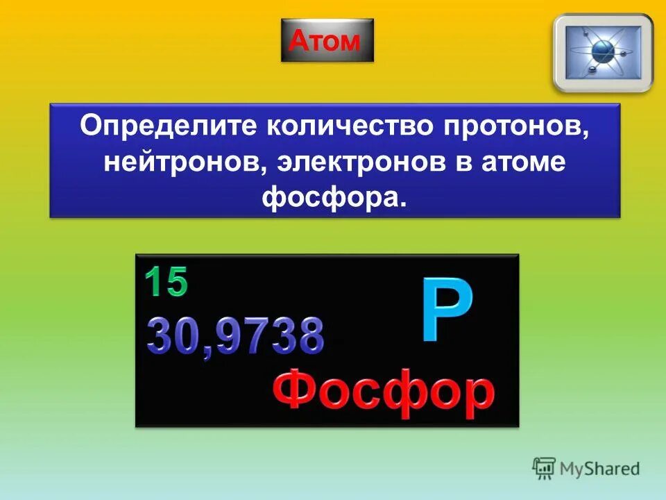 Уол во электронов пратонры нейтроновфосф. Число протонов нейтронов и электронов в атоме фосфора.