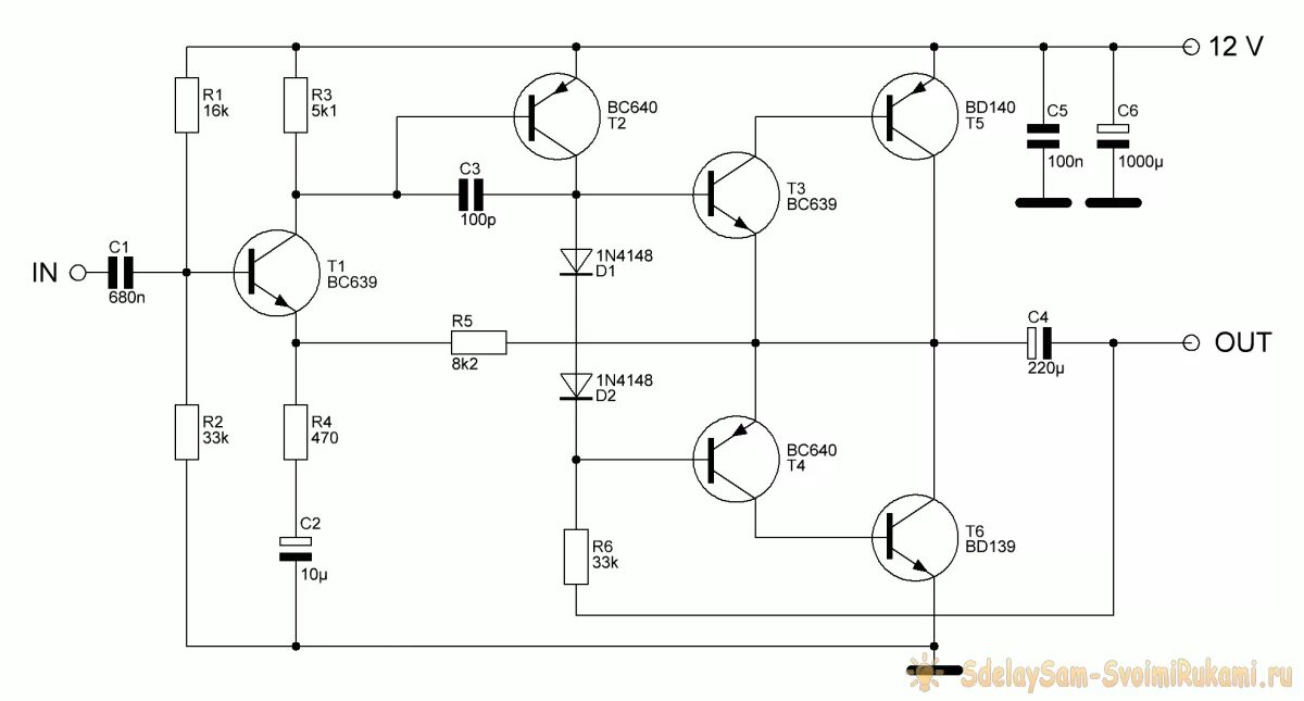 Плавное звучание. Схема простого усилителя мощности на транзисторах кт827. Усилитель 5 ватт на транзисторах. Схема усилителя звука на транзисторах с однополярным питанием. Усилитель 50 ватт на транзисторах схема.