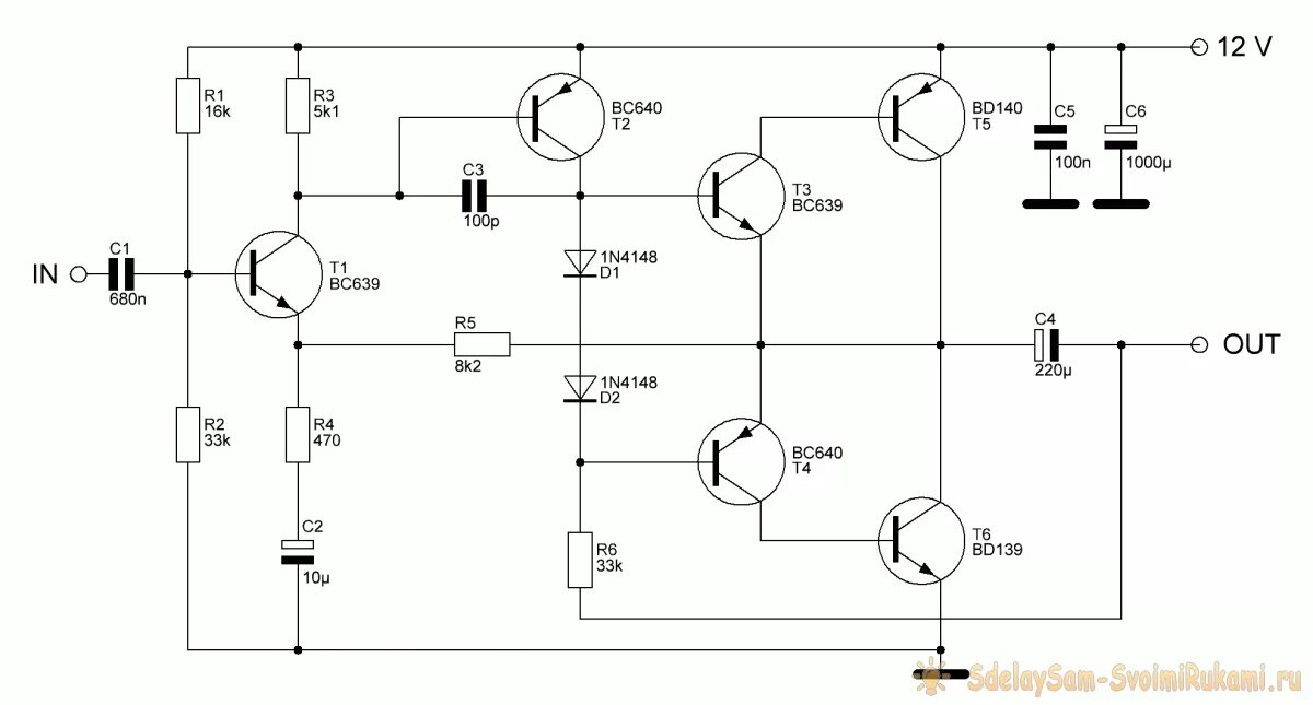 Унч своими руками. Схема простого усилителя мощности на транзисторах кт827. Усилитель 5 ватт на транзисторах. Схема усилителя звука на транзисторах с однополярным питанием. Усилитель 50 ватт на транзисторах схема.