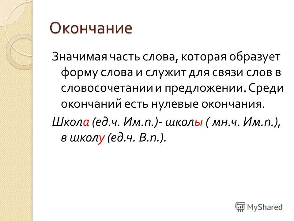 Окончание это значимая часть слова. Окончание это значимая. Окончание это часть которая служит для.