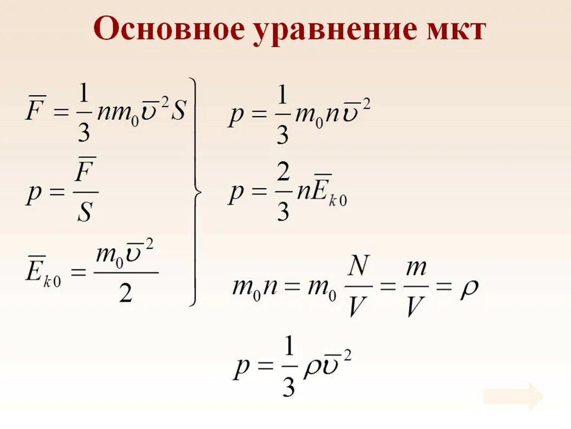 Основное уравнение МКТ физика 10 класс. Основное уравнение МКТ через плотность. Основное управление МКТ. Основеоетуравнение МКТ.