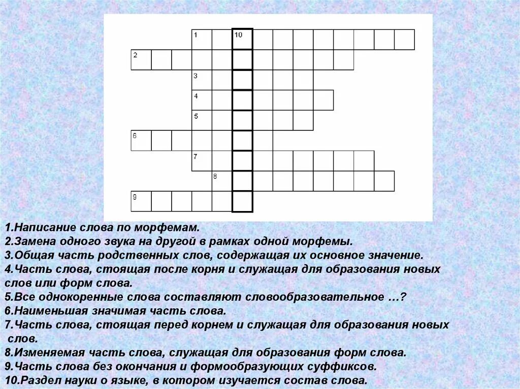 Кроссворд на тему россия 10 слов. Кроссворд по русскому языку Морфемика. Кроссворд на тему Морфемика. Кроссворд по теме морфемы. Кроссворд на тему на тему морфемы.