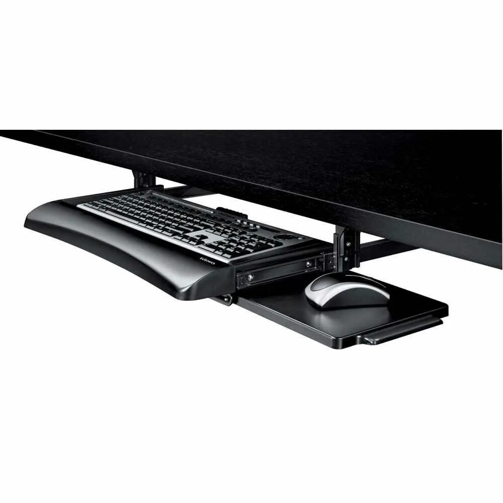 Стол под клавиатуру и мышь. Fellowes office suites fs-80312, black подставка для клавиатуры и мыши. выдвижная полка под клавиатуру fs-80312. подставка под клавиатуру fellowes. выдвижной столик для клавиатуры.