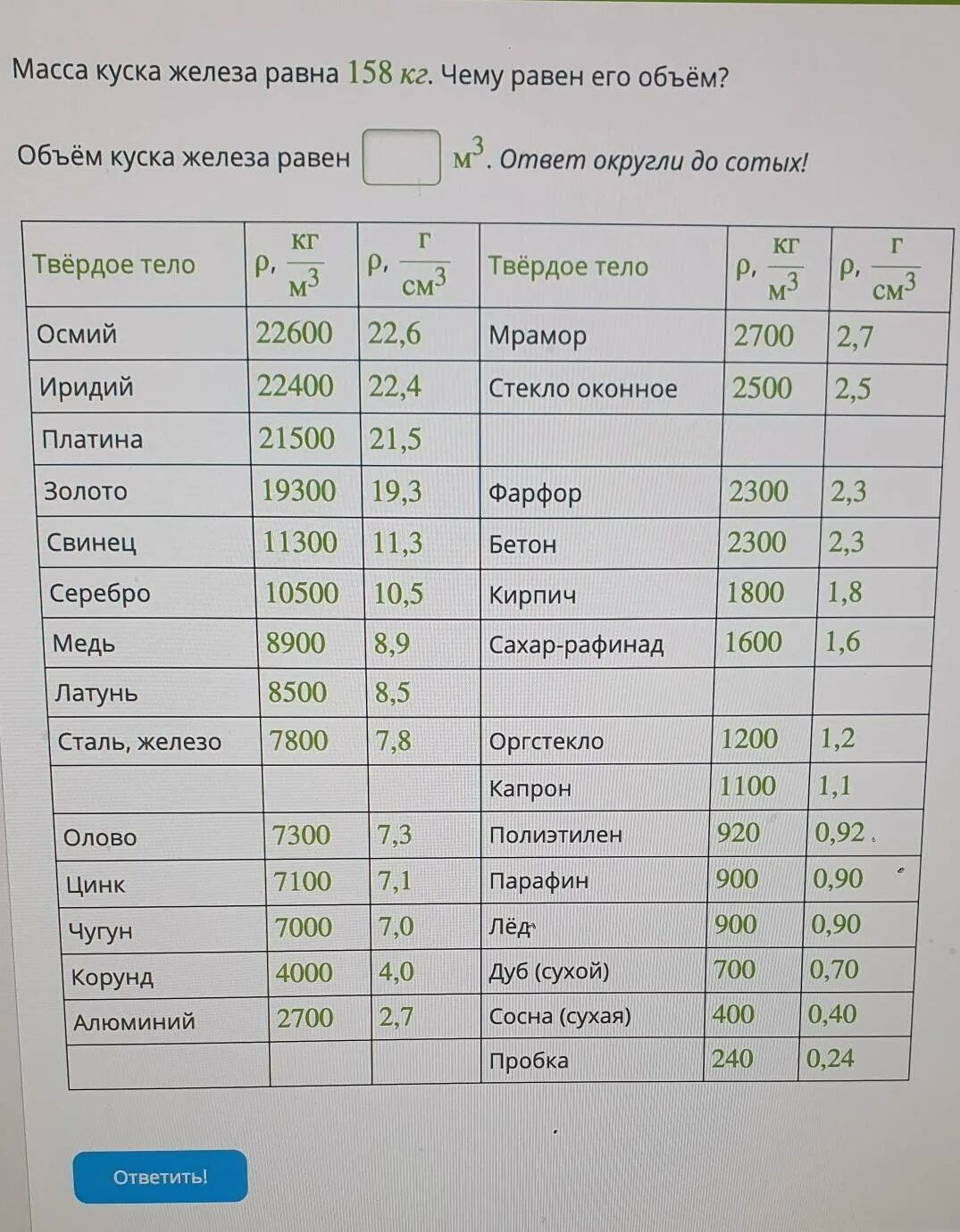 Плотность редкого металла осмия равна 22600 кг. Объем куска железа равен. Масса куска железа равна. Чему равна масса железа. Объем килограмма железа.