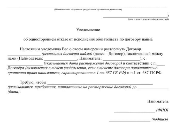 Заявление на расторжение аренды. Типовое уведомление о расторжении договора аренды. Бланк уведомления о расторжении договора найма. Как написать уведомление о расторжении договора аренды арендатора. Шаблон письма уведомления о расторжении договора аренды.