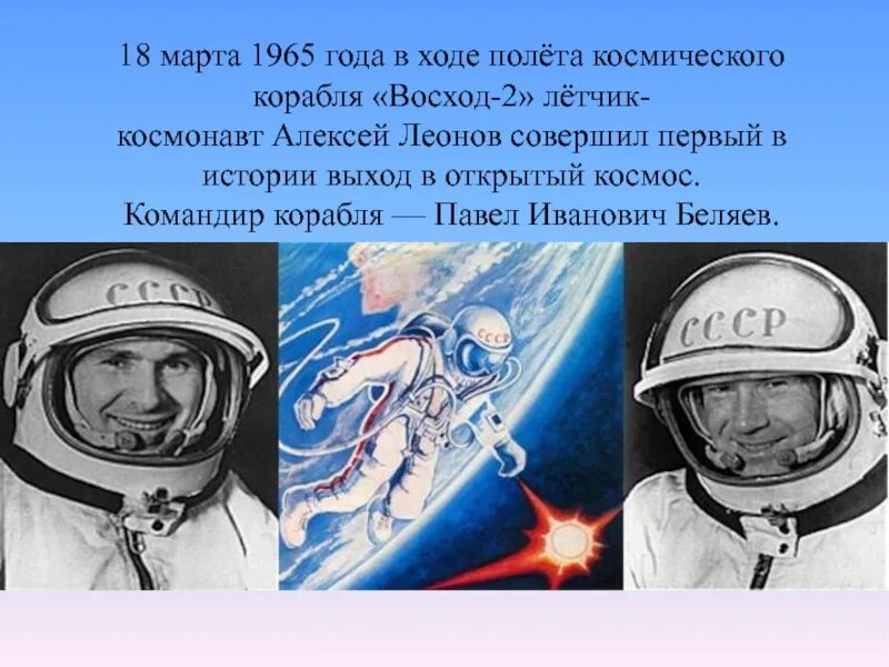 Первый выход в космос был совершен Алексеем Леоновым в 1965 году.. Первый человек совершивший полет в космическое пространство