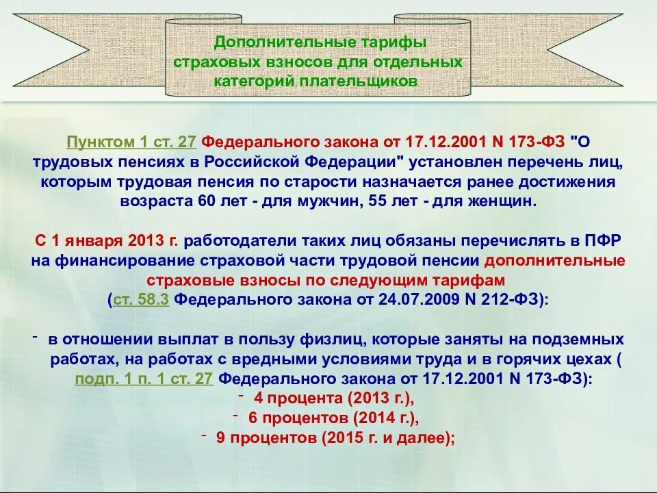 В соответствии с законом о трудовых пенсиях. ФЗ-173 О трудовых пенсиях. Федеральный закон 173-ФЗ О трудовых пенсиях. Дополнительные тарифы страховых взносов для отдельных категорий. Ф. З. 173 О трудовых пенсиях.