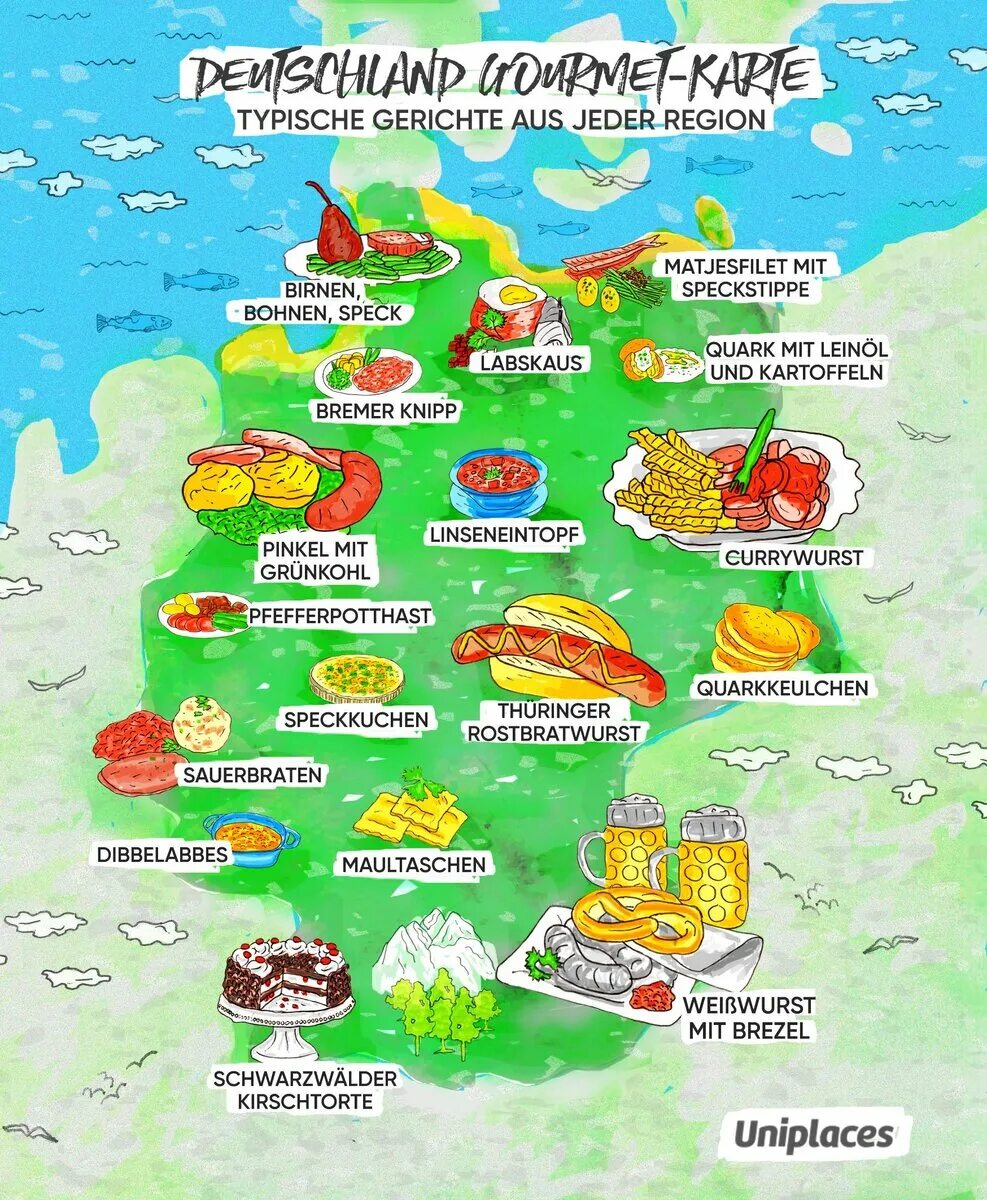 Гастрономическая карта Германии. Кулинарная карта. Немецкие блюда. Карта Германии на немецком языке с федеральными землями. Кулинария карта