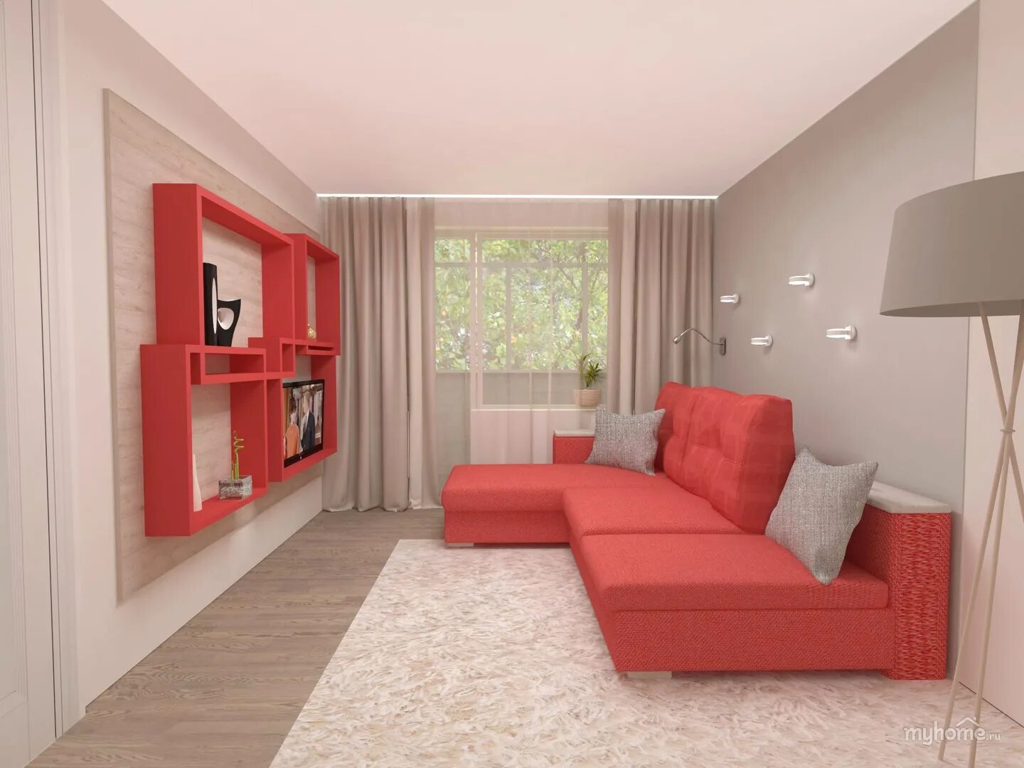 Интерьер комнаты с красным диваном. Интерьер однокомнатной квартиры в Красном. Интерьер комнаты в однокомнатной квартире. Красный диван в интерьере маленькой комнаты.