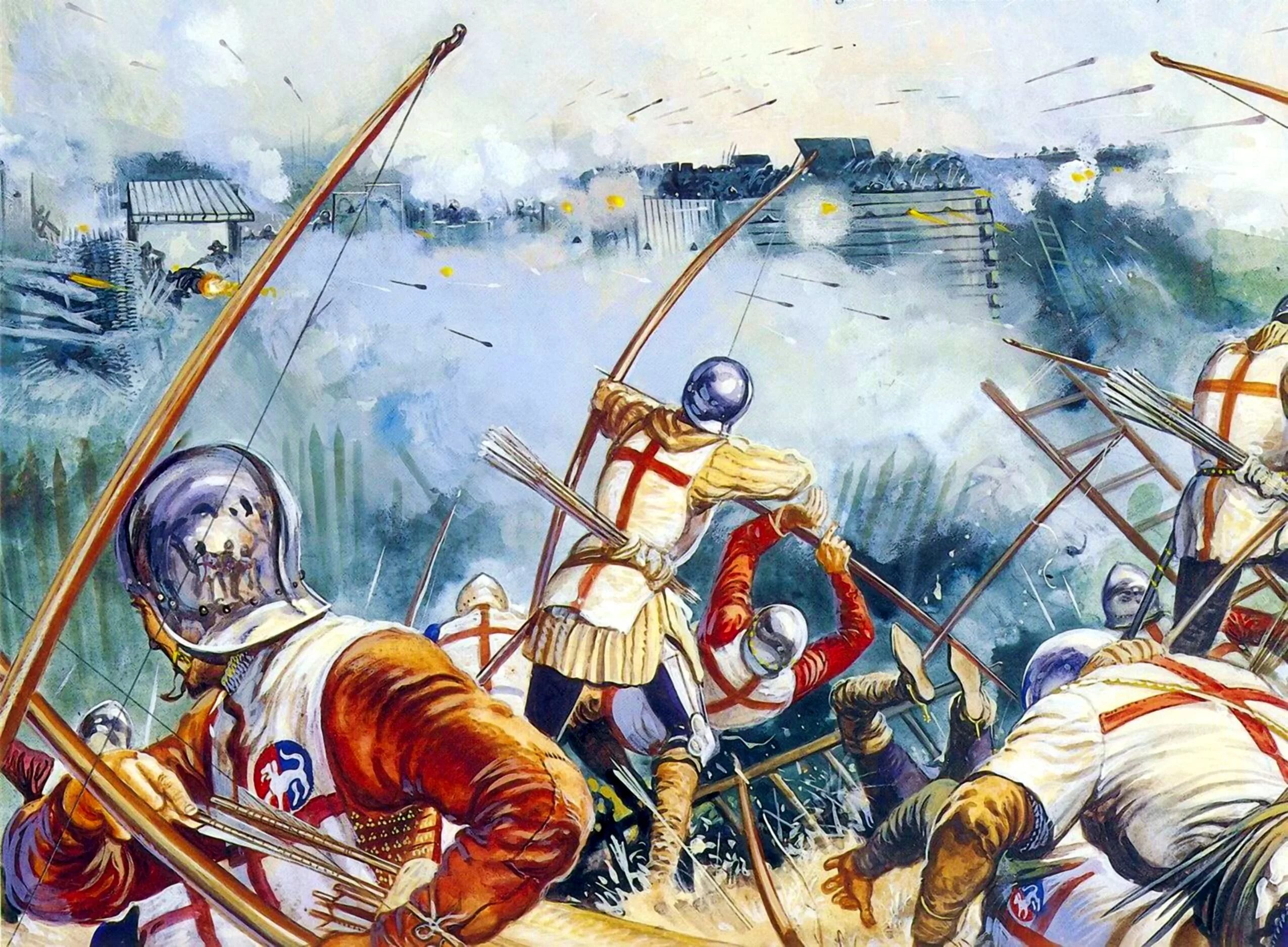 Сражения 12 века. Битва при Азенкуре 1415. Азенкур лучники. Битва при Кастийоне 1453.