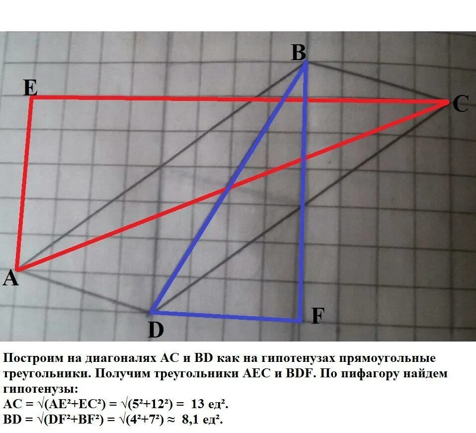 Диагональ на клетчатой бумаге. Как найти длину меньшей диагонали. Параллелограмм с диагональю на клетчатой бумаге. Найдите длинуего большей диагонал. Как найти длину диагонали параллелограмма на клетчатой бумаге.