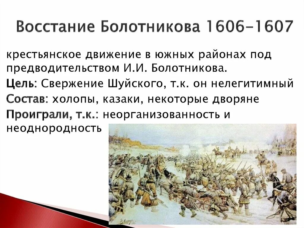 Восстание болотникова при каком. 1606-1607 Восстание Ивана Болотникова. Причины Восстания Болотникова 1606-1607. Причины Восстания Ивана Болотникова 7 класс. Причины Восстания Ивана Болотникова 1606-1607.