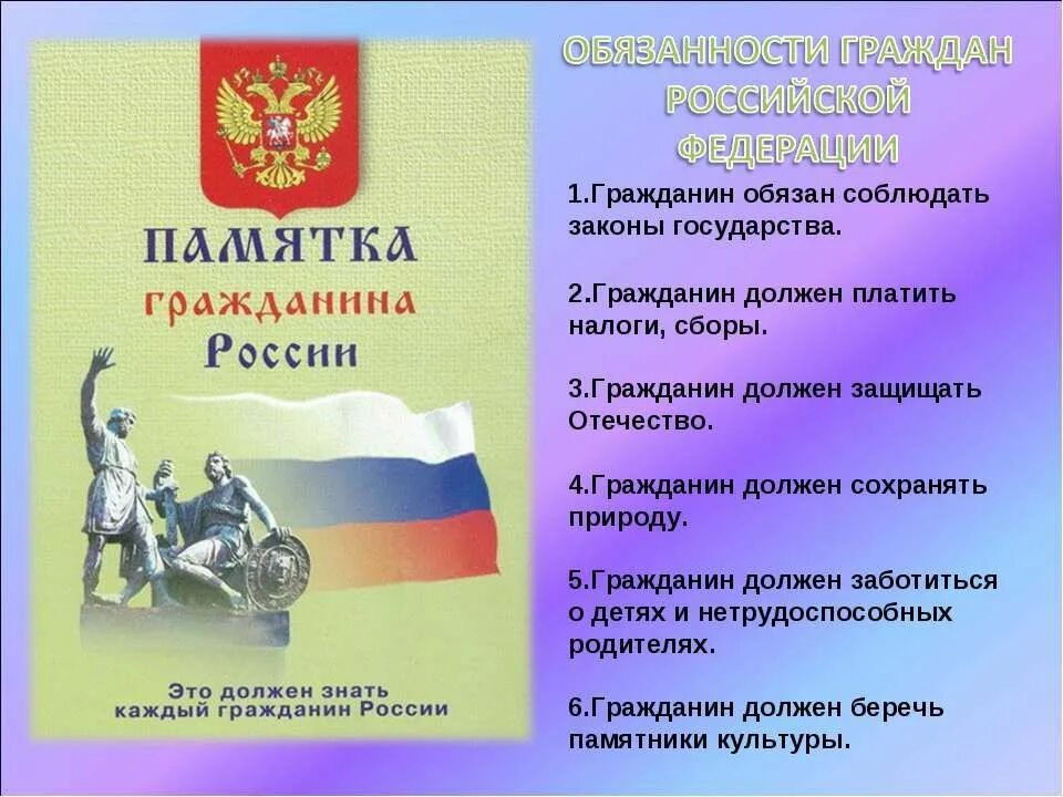 Какие обязанности россии ты знаешь. Памятка гражданина России. Памятки для граждан о правах и обязанностях.