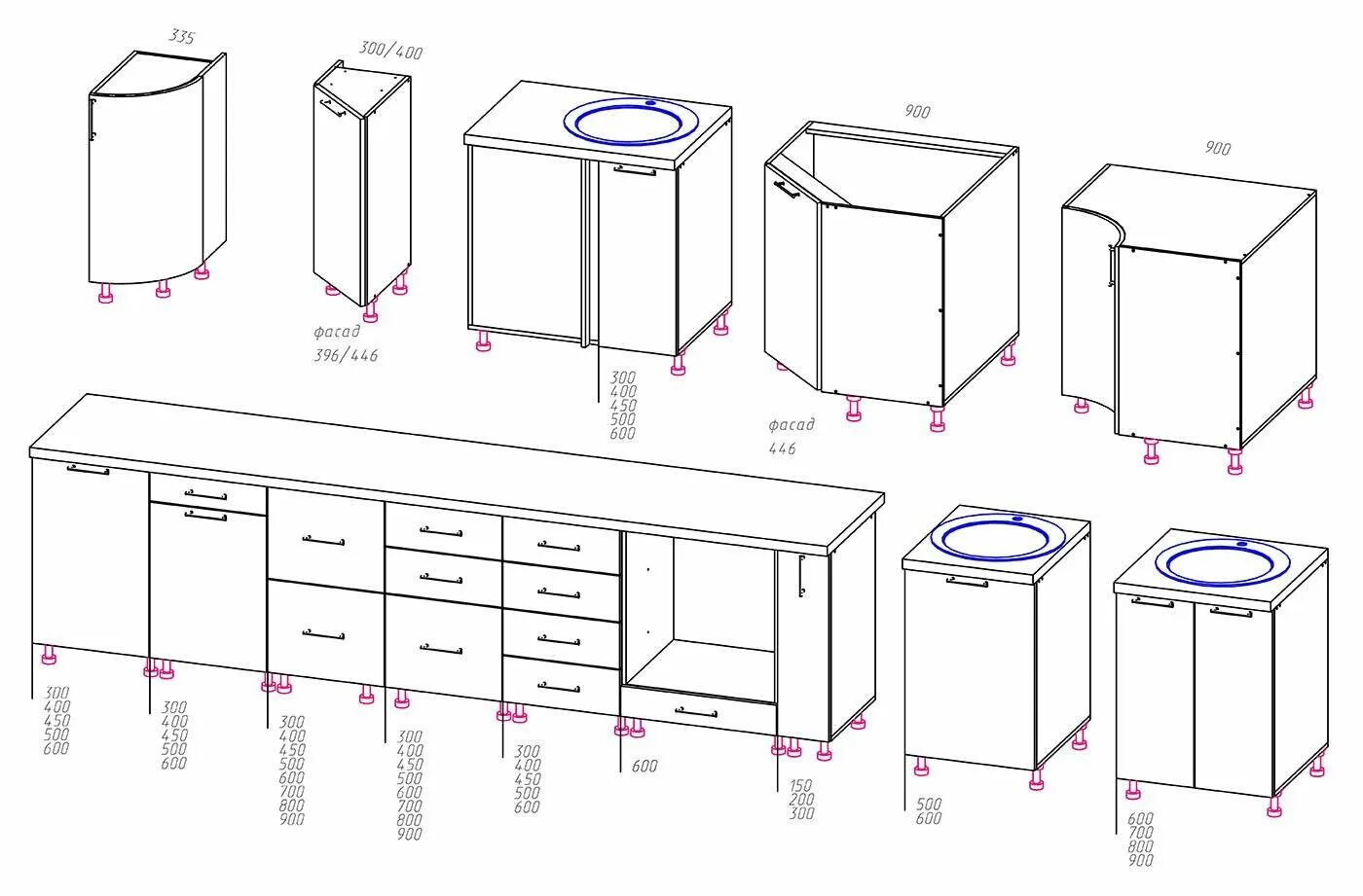 Модули для кухни. Сборочные чертежи кухонных модулей. Деталировка Нижнего кухонного модуля углового 900*900. Размеры кухонных модулей. Типовые кухонные модули.