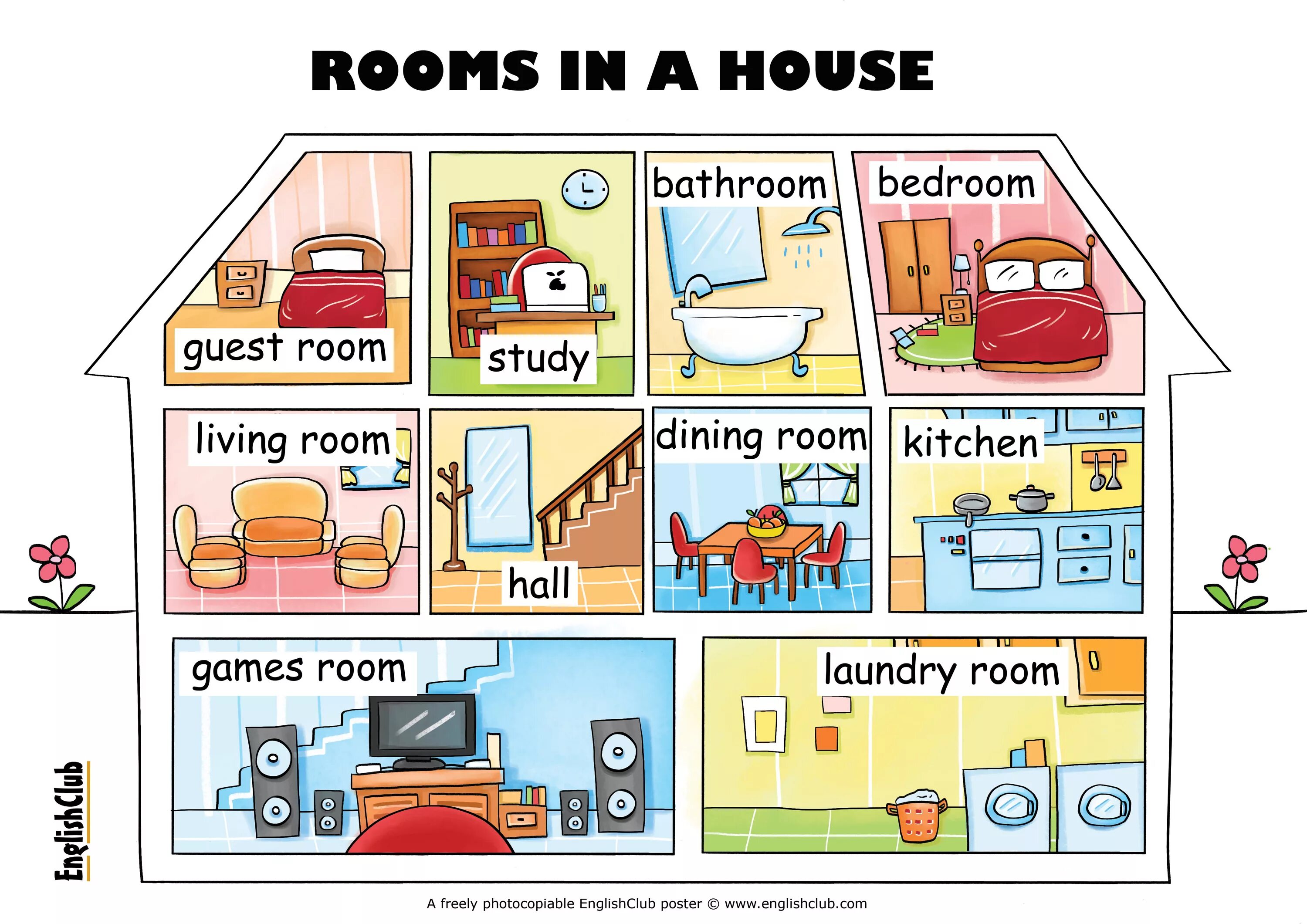 Комнаты на английском. Комнаты в доме по английскому. Домик с комнатами по английскому языку. Комнаты на английском для детей.