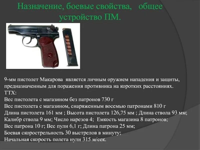 ТТХ ПМ-9мм. Устройство ПМ 9мм Макарова. Емкость магазина 9-мм пистолета Макарова.