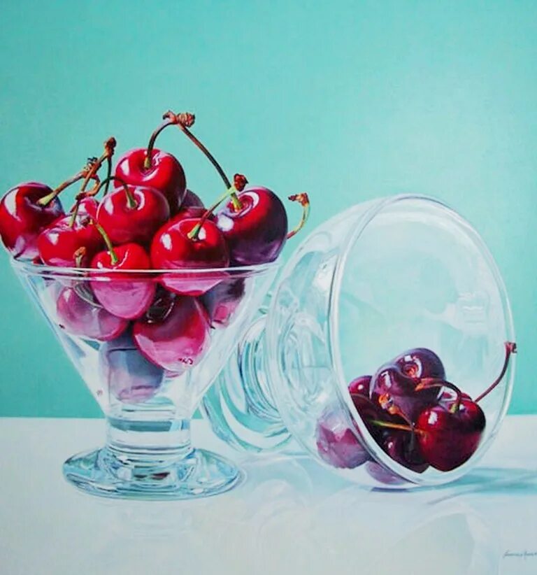 Хавьер Мулио художник. Вишня в стеклянной вазе. Стеклянные фрукты. Натюрморт с вишнями. Ягоды в стекле