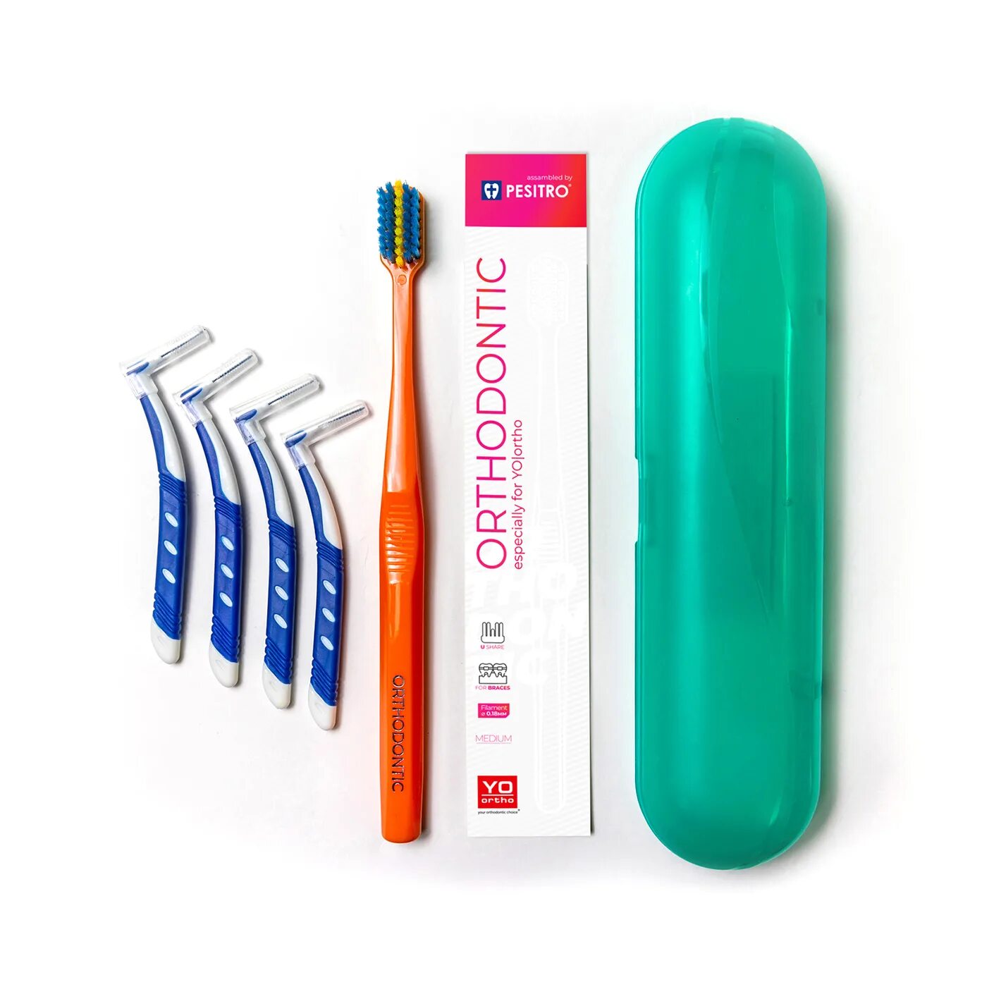 ортодонтический набор стандарт (l-type) pesitro. ёршик для чистки зубов с брекетами. щетка для чистки брекетов. ортодонтическая v образная зубная щетка. монопучковая щетка curaprox.