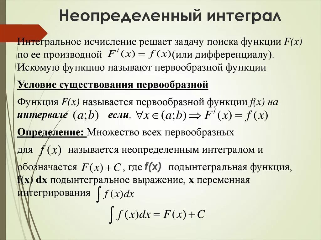 Неопредленный Интегра. Неопределённый Интергал. Неопределенный интеграл. Условия существования неопределенного интеграла.