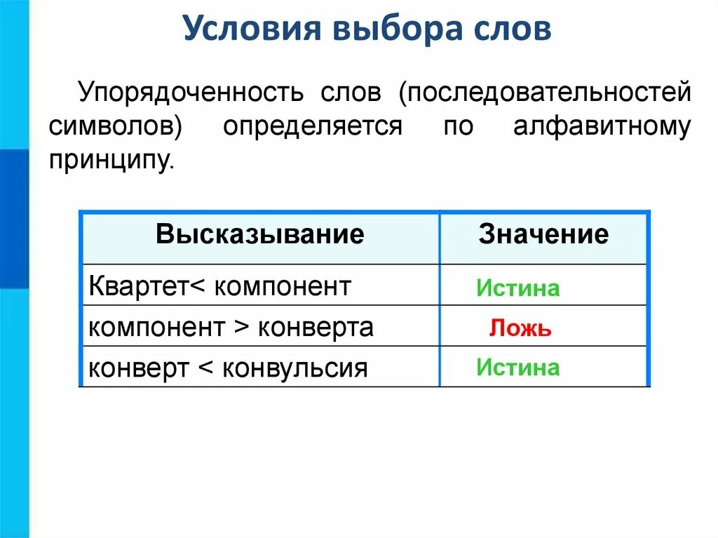 Условия выбора. Условия выбора и простые логические выражения. Логические условия выбора данных. Условия выбора это в информатике.