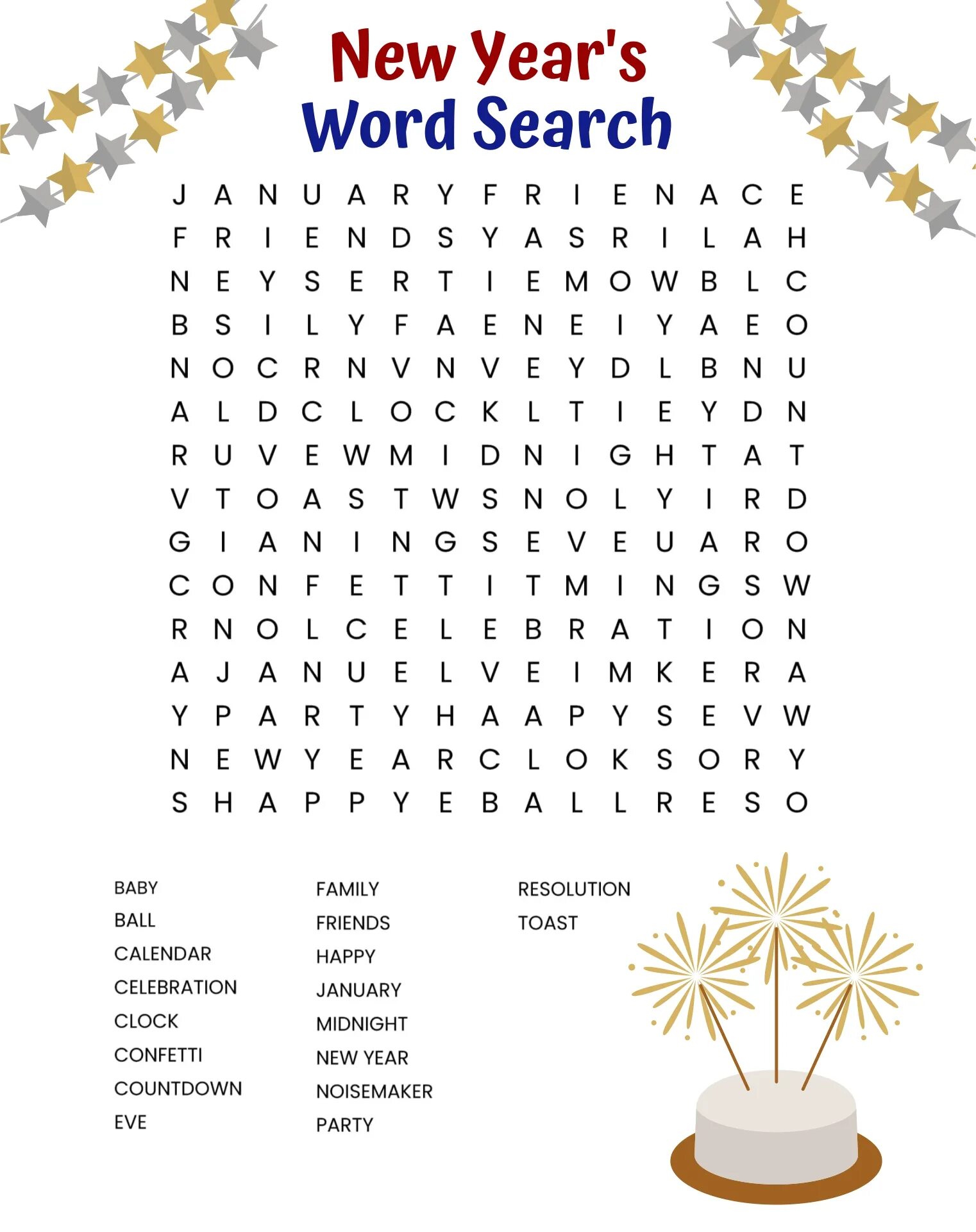 New year Wordsearch. New year Word search. New year Wordsearch for Kids. Wordsearch. New year exercise