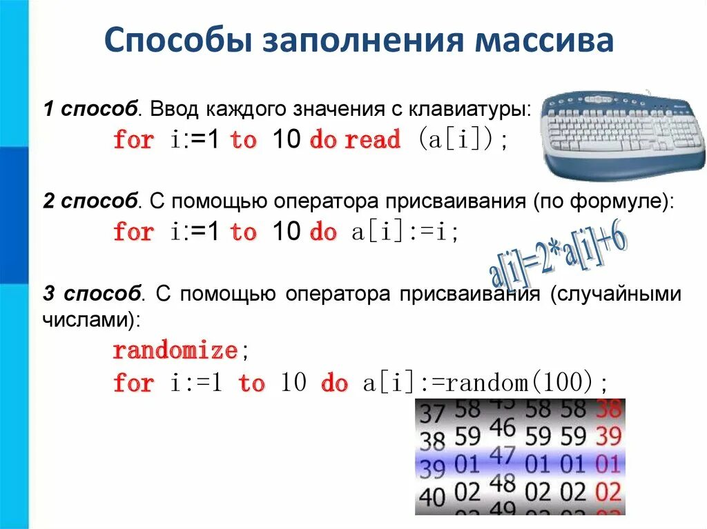 Нужно заполнить массив. Способы ввода массива. Способы заполнения массива. Способы заполнения одномерного массива. Способы ввода данных в массив.