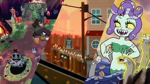 Screenshots from Cult of the Lamb, Night in the Woods and Cuphead - all gam...