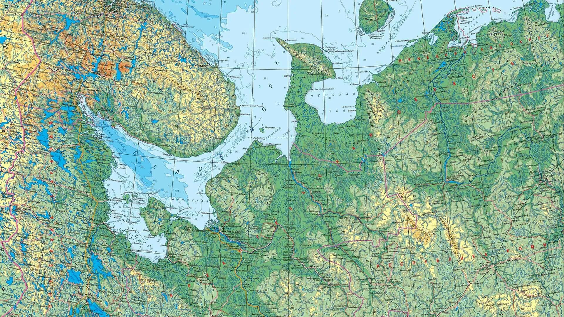 Карта европейского севера рф. Физическая карта европейского севера России. Физическая карта севера европейской части России.