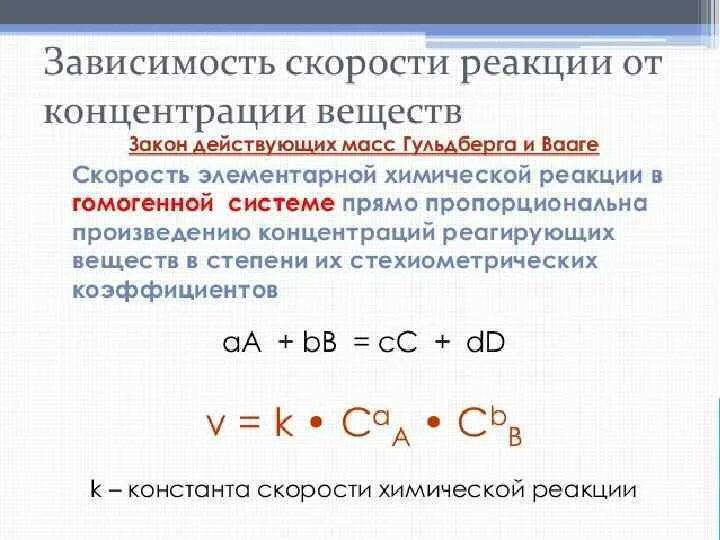 Скорость реакции через концентрации. Зависимость скорости реакции от концентрации реагирующих веществ. Реакция зависимость скорости реакции от концентрации реагентов. Скорость химической реакции при изменении концентрации. Зависимость скорости реакции от концентрации формула.