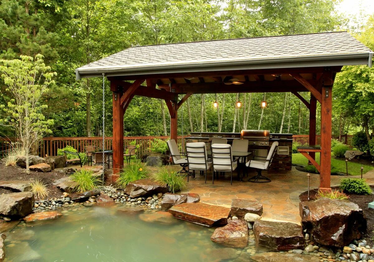 Пергола патио с мангалом. Wooden Gazebo беседки. Беседка пергола патио мангальная. Пергола у прудика. Водоемы рядом с домом