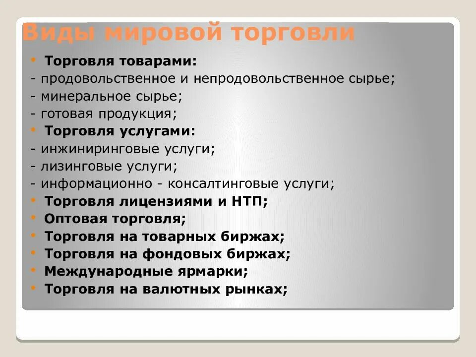 Международная торговля цель. Виды мировой торговли. Мировая торговля план.