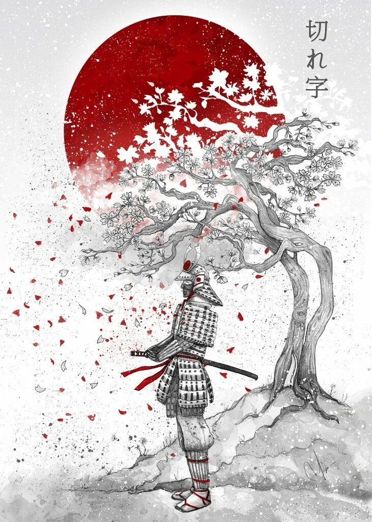 Сакура самурай. Самурай с катаной под сакурой. Японская тематика. Японский стиль рисования. Рисунки на японскую тематику.