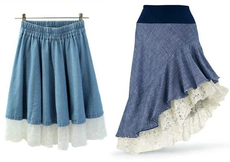 Как удлинить ткань. Джинсовая юбка с оборкой. Джинсовая юбка с воланами. Джинсовая юбка с кружевом. Удлинить джинсовую юбку.