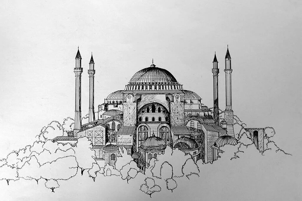 Рисунки святой софии. Храм святой софии в стамбуле рисунок. храм святой софии в константинополе зарисовка. храм св софии в константинополе рисунок. мечеть айя софия нарисовать.