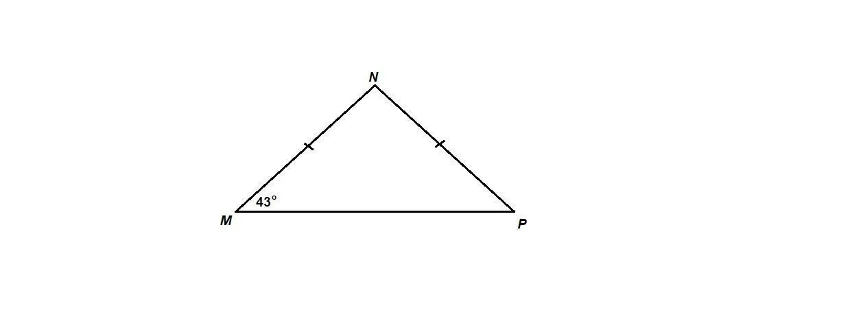 Сумма углов равнобедренного треугольника равна 180 градусам. Угол 43 градуса. В равнобедренном треугольнике MNP С основанием MP угол m 43 градуса. Прямая АВ параллельна основанию МР равнобедренного треугольника.