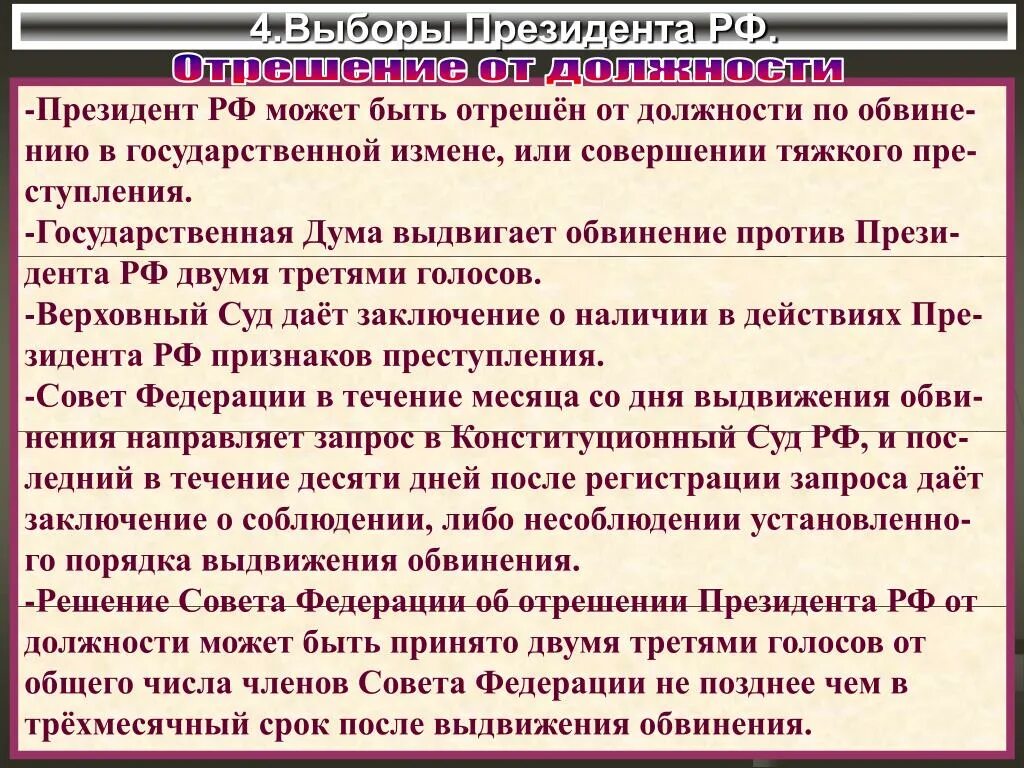 Порядок выдвижения обвинения против президента. Выдвижение обвинения против президента РФ совет Федерации. Отрешение президента от должности.