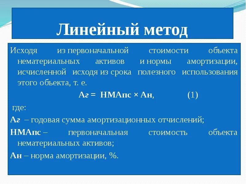 Амортизация нематериальных активов. Амортизация НМА линейным способом. Методы начисления амортизации НМА. Линейный метод амортизации НМА. Линейный способ начисления амортизации нематериальных активов.