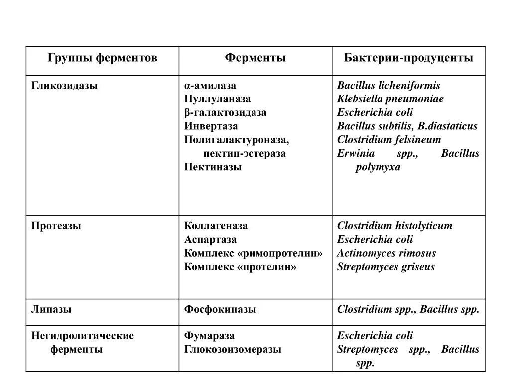 По полноте набора ферментов различают микробы. Таблица классы ферментов бактерий. ферменты микроорганизмов таблица. ферменты бактерий таблица. продуценты ферментов.