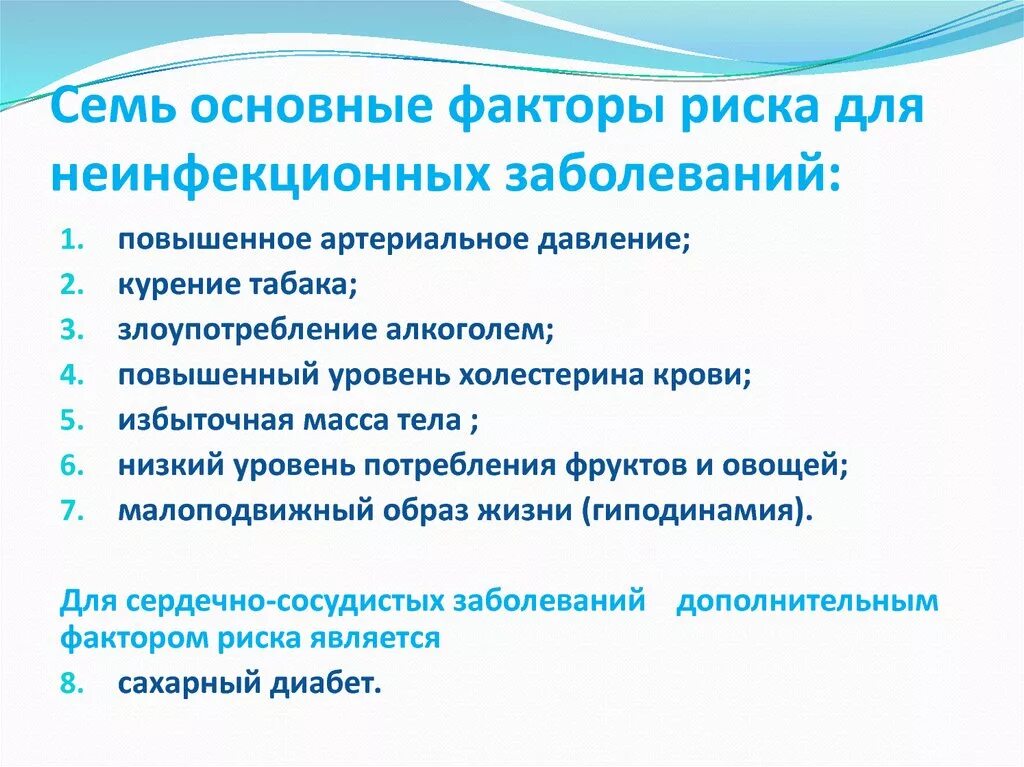 Назовите факторы риска основных неинфекционных заболеваний. Факторы риска возникновения неинфекционных заболеваний. Перечислить основные факторы риска неинфекционных заболеваний:……... Немодифицируемые факторы риска неинфекционных заболеваний. Основные факторы риска развития ХНИЗ.