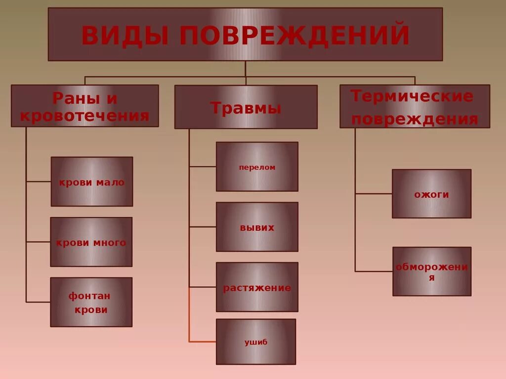 Составьте таблицу в которой назовите виды травм. Виды повреждений. виды повредленич.