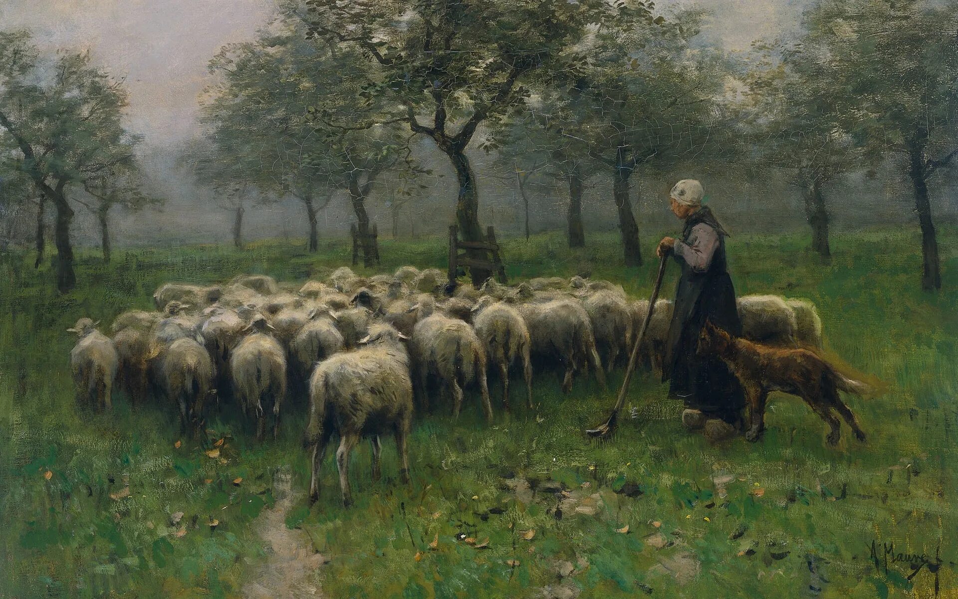 Пастух гонит стадо. Мауве Схевенингенская картина.