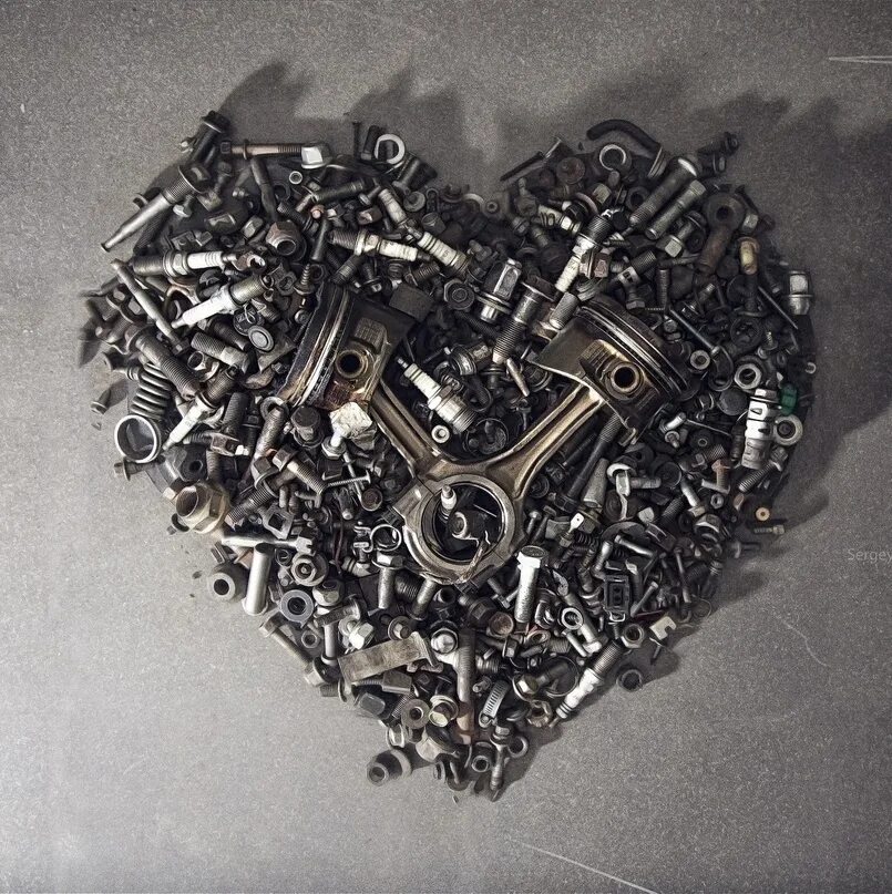 смешной автослесарь. интересные карманы на одежде. злой поршень. забавны детали. робот из автозапчастей.