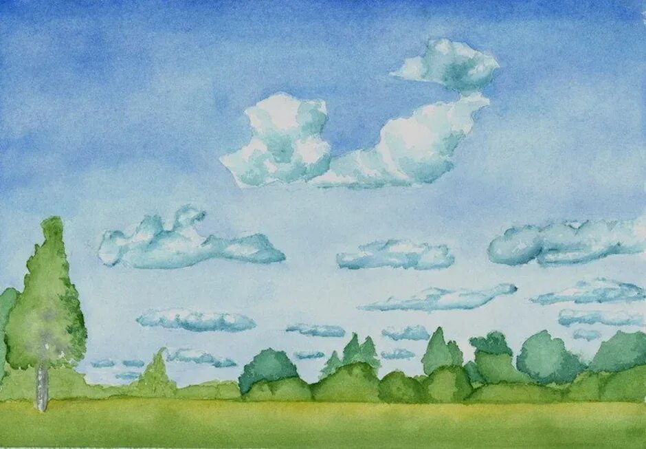 Изо 2 класс небо. Пейзаж рисунок. Пейзаж с облаками. Пейзаж рисунок для детей. Пейзаж легкий.