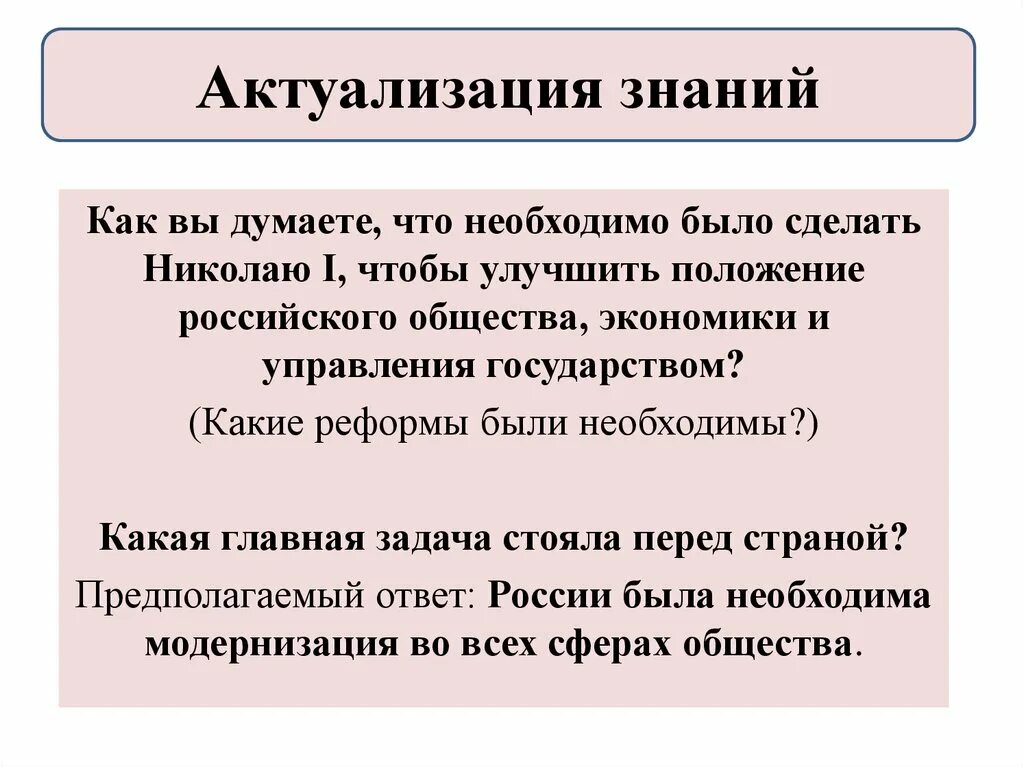 Актуализация знаний на уроке истории. Задания для актуализации знаний Обществознание. Какие задачи стояли перед Николаем 1. Николае 1 Главная задача перед страной. Сейчас перед страной стоит задача изыскать