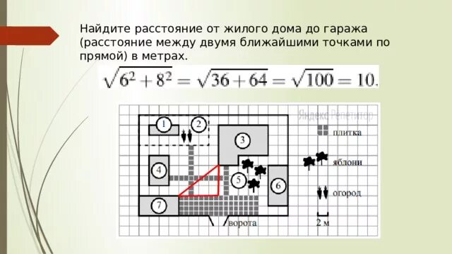 Найдите расстояние между жилым домом и гаражом