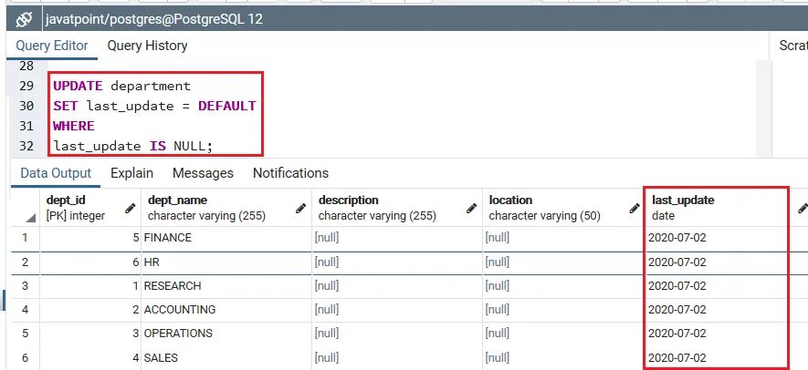 Update set where. Update column postgresql select option value.